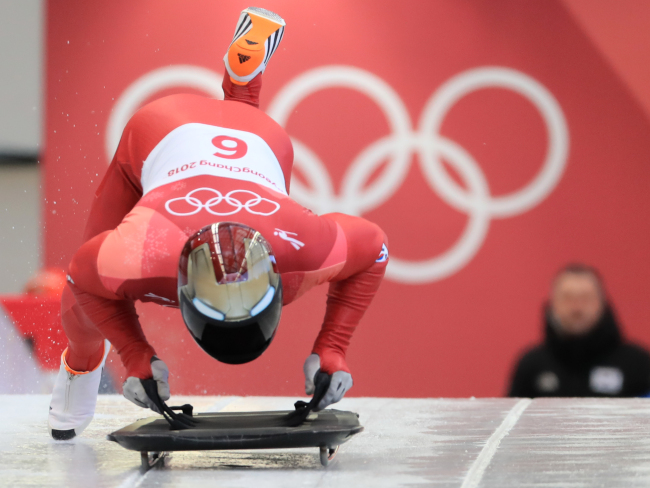 SKELETON SLIDER TAKES OFF — South Korean skeleton racer Yun Sung-bin takes off in his first run in the men’s skeleton event at the Alpensia Sliding Centre in PyeongChang, Gangwon Province, Thursday. The medalists will be determined by their total times after four races. The first two runs are taking place Thursday, with the remainder scheduled for Friday. (Yonhap)