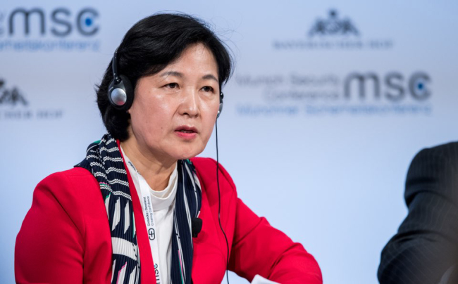 Choo Mi-ae, the leader of South Korea's ruling Democratic Party, speaks during Munich Security Conference held on Saturday (Germany time) in Munich, Germany. (Yonhap)