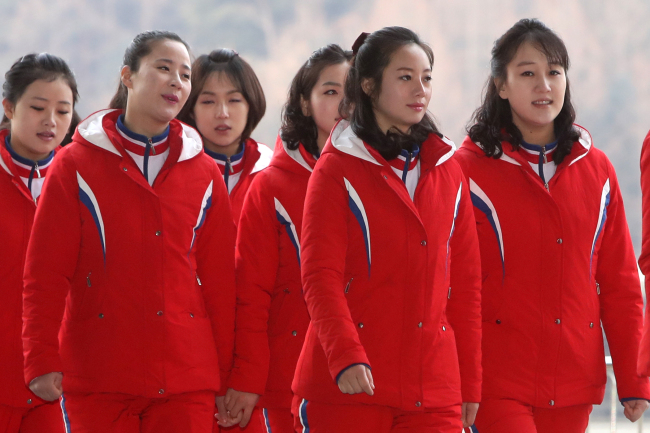 This photo, taken Feb. 19, 2018, shows North Korean female cheerleaders at their accommodation in Inje, 165 kilometers east of Seoul. (Yonhap)