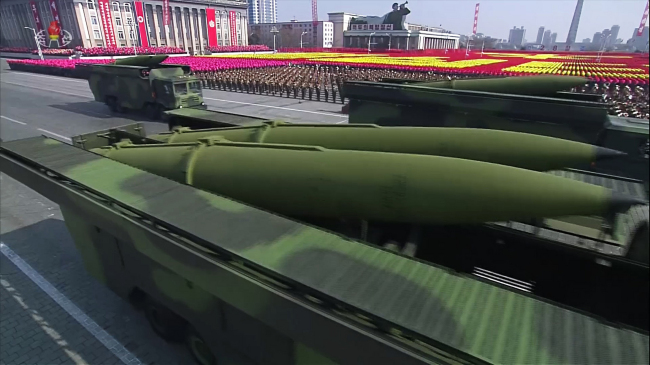 　North Korea showcases what appears to be a new short-range ballistic missile during a military parade on Feb. 8. The event was designed to celebrate the foundation of the North Korean Army. Yonhap.
