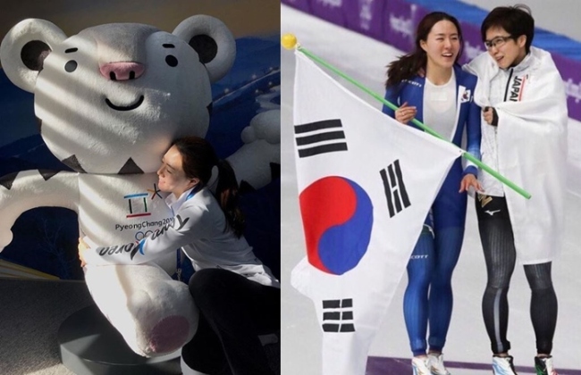 (Left photo) Lee Sang-hwa hugs PyeongChang mascot Soohorang.
(Right photo) South Korean Lee Sang-hwa, left, and Japan‘s Nao Kodaira hold each other after the women’s 500 meters speedskating event at the Gangneung Oval at the 2018 Winter Olympics in Gangneung, South Korea, on Sunday. (Lee Sang-hwa’s Instagram)