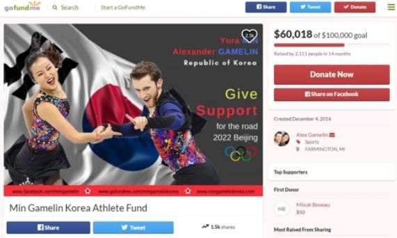 The picture shows a screen shot of the "Min Gamelin Korea Athlete Fund" by South Korea's ice dance team of Min Yu-ra and Alexander Gamelin to raise funds for their Beijing Olympics dream. (Yonhap)