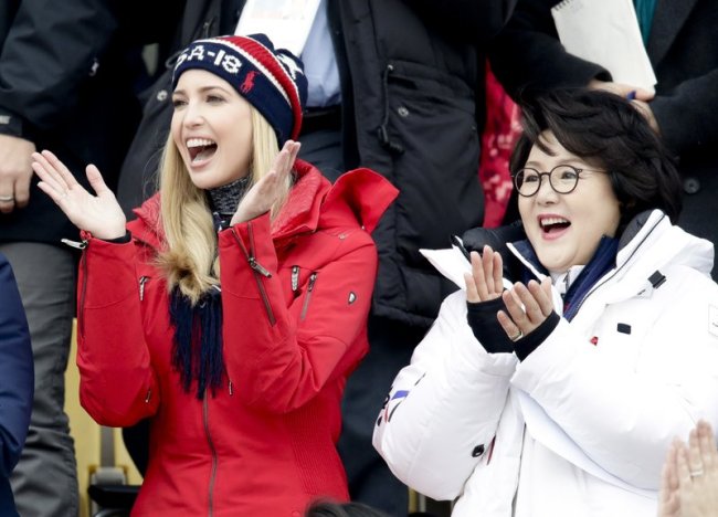Ivanka Trump (left), cheers with Kim Jung-sook, wife of the South Korean President during the men’s Big Air snowboard competition at the 2018 Winter Olympics in Pyeongchang, South Korea, Saturday. (AP)