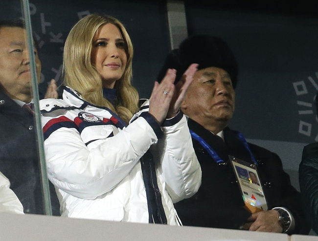 Ivanka Trump, US President Donald Trump’s daughter and senior White House adviser, and Kim Yong-chol of the North Korean delegation attend the closing ceremony of the PyeongChang Olympics on Sunday. (Reuters-Yonhap)