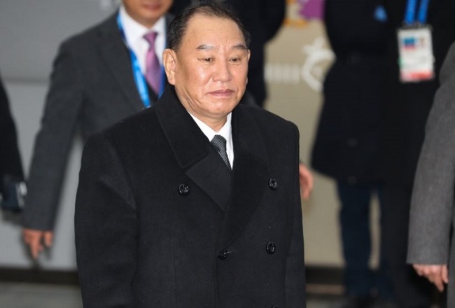 This photo, taken Feb. 25, 2018, shows Kim Yong-chol (C), a top North Korean party official in charge of inter-Korean affairs, visiting South Korea. (Yonhap)