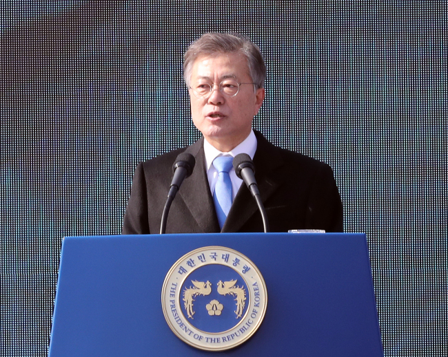 President Moon Jae-in speaks at the ceremony marking the 99th anniversary of the MArch 1 Independence Movement in Seoul on Thursday. Yonhap
