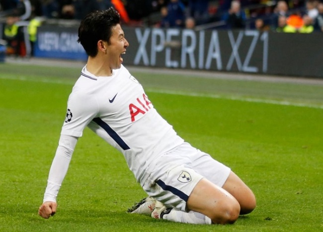 Tottenham Hotspur's Son Heung-min celebrating his goal against Juventus during the second leg of the round of 16 at the UEFA Champions League at Wembley Stadium in London on March 7. (Reuters-Yonhap)