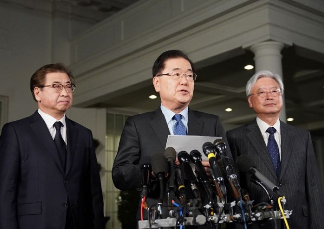 South Korean National Security Adviser Chung Eui-yong delivers NK leader's message to US President Donald Trump at the White House in Washington D.C. on Thursday, March 8 (local time). (AFP-Yonhap)