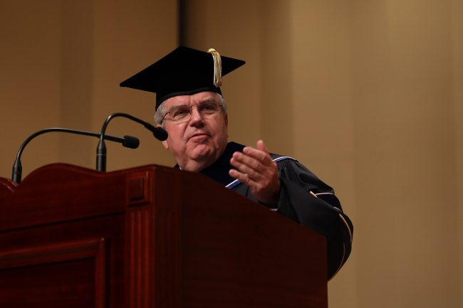 International Olympic Committee President Thomas Bach delivers a speech at Dankook University on Friday. (Dankook University)