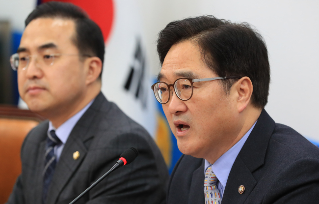 13일 오전 국회에서 열린 더불어민주당 원내대책회의에서 우원식 원내대표가 발언을 하고 있다. (사진=연합뉴스)
13일 오전 국회에서 열린 더불어민주당 원내대책회의에서 우원식 원내대표가 발언을 하고 있다. (사진=연합뉴스)