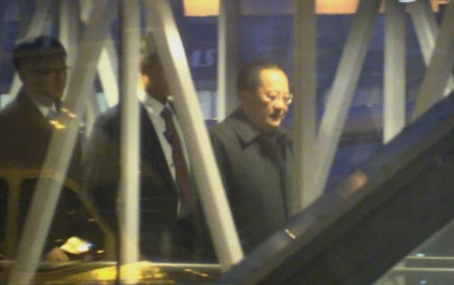 North Korean Foreign Minister Ri Yong-ho arrives at an airport in Stockholm for talks with his Swedish counterpart on March 15. (Yonhap)