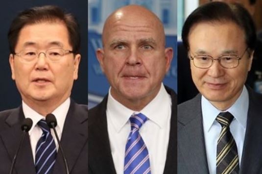 National Security Office chief Chung Eui-yong(left) and his US counterpart H.R. McMaster and Japan`s Shotaro Yachi. (Yonhap)