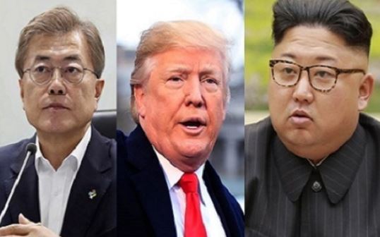 From left: South Korean President Moon Jae-in, US President Donald Trump, North Korean leader Kim Jong-un (AP)