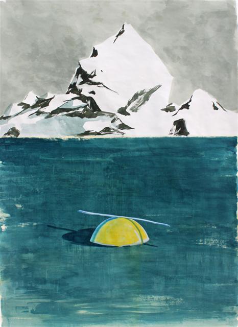 박수연, 반쯤 잠긴 노란색 공, 장지에 혼합채색, 147.2x207.8cm, 2018 [사진제공=스페이스K]