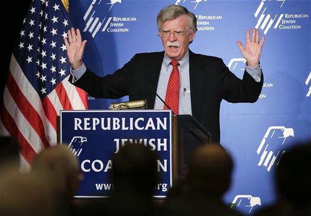 <YONHAP PHOTO-1251> FILE - In this March 29, 2014, file photo, former U.S. ambassador to the U.N. John Bolton speaks at the Republican Jewish Coalition in Las Vegas. President Donald Trump’s pick of Bolton for his next national security adviser stirred up the same burning question Friday in Washington as in anxious foreign capitals: Just how much will his hawkish, confrontational approach rub off on Trump? (AP Photo/Julie Jacobson, File)/2018-03-24 06:52:36/ <저작권자 ⓒ 1980-2018 ㈜연합뉴스. 무단 전재 재배포 금지.>