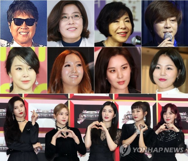 가수 조용필과 걸그룹 레드벨벳 등이 포함된 남측 예술단이 4월 초 평양에서 두 차례 공연을 가진다. 첫 번째 줄 왼쪽부터 조용필, 이선희, 최진희, 윤도현, 두 번째 줄 왼쪽부터 백지영, 정인, 서현, 알리, 세 번째 줄 걸그룹 레드벨벳. [연합뉴스 자료사진]