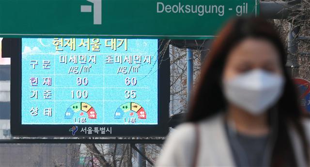 27일부터 환경기준을 강화한 ‘환경정책기본법시행령’이 시행돼 PM2.5 미세먼지 환경기준이 일평균 50㎍/㎥에서 35㎍/㎥로, 연평균 25㎍/㎥에서 15㎍/㎥로 바뀐다. 사진은 27일 오전 서울 덕수궁 앞에 설치된 미세먼지 현황 전광판. [연합뉴스]