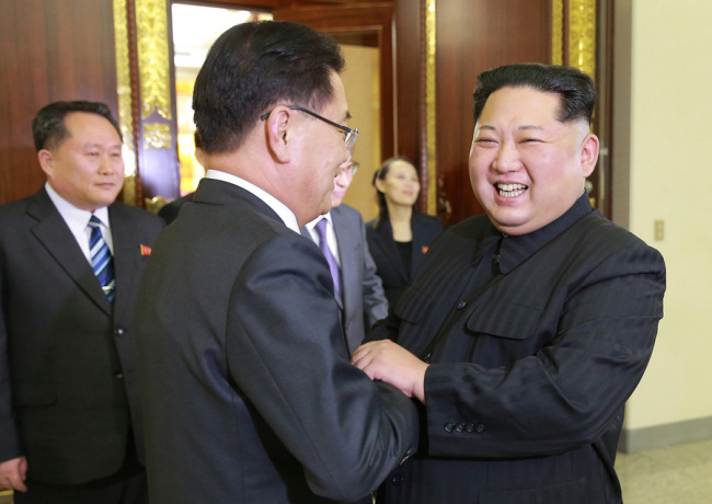 North Korea's leader Kim Jong-un met with President Moon Jae-in's national security adviser Chung Eui-yong. Cheong Wa Dae.