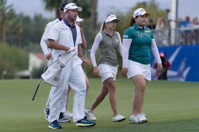 Park In-bee of South Korea, far right, at the Inspiration on the LPGA Tour at Dinah Shore Tournament Course at Mission Hills Country Club in Rancho Mirage, California, on April, 1. (Yonhap)