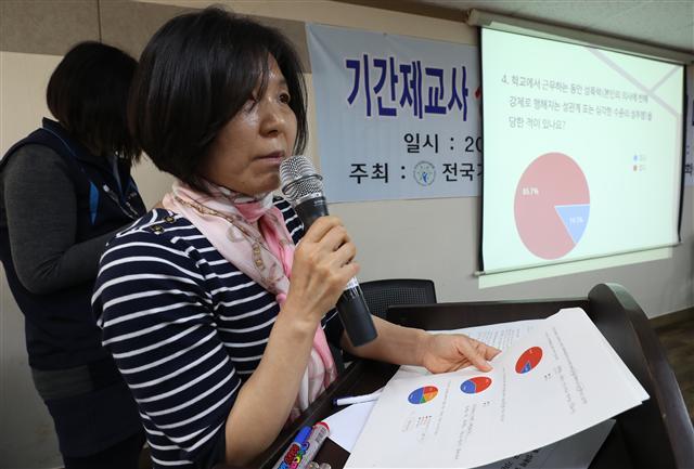 <YONHAP PHOTO-1778> 기간제교사 성희롱·성폭력 실태는? (서울=연합뉴스) 김도훈 기자 = 3일 오전 서울 종로구 민주노총에서 열린 전국기간제교사노조 성희롱·성폭력 실태조사 보고 및 기자회견에서 관계자가 실태조사 결과를 발표하고 있다. 전국기간제교사노동조합이 지난 3월15일부터 23일까지 기간제교사들을 대상으로 실시한 성희롱·성폭력 실태를 조사에 따르면 응답자의 54.5%가 성희롱 및 성폭력을 경험했다고 답했다. 이들은 기간제교사들이 처한 구조적 차별로 이런 문제가 근절되지 않고 있다며 기간제교사 정규직 전환 및 기간제교원의 임용권을 학교장에게서 철회해 교육감들에게 주어야한다고 주장했다. 2018.4.3 superdoo82@yna.co.kr/2018-04-03 10:14:18/ <저작권자 ⓒ 1980-2018 ㈜연합뉴스. 무단 전재 재배포 금지.>