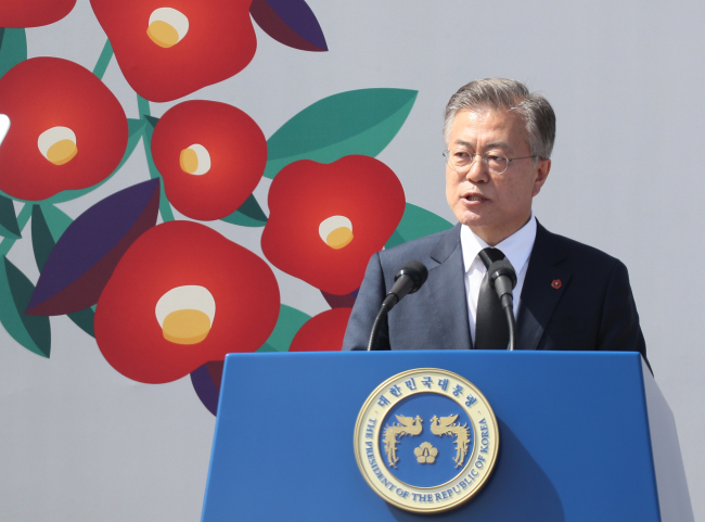 President Moon Jae-in gives a speech at the event marking the 70th anniversary of the Jeju April 3 Uprising in Jeju on Tuesday. Yonhap