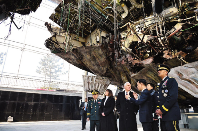 Vice President Mike Pence visited the Cheonan Memorial honoring the 46 South Korean sailors last Februrary. Yonhap