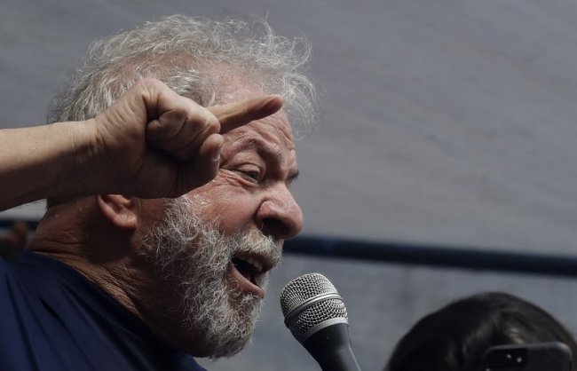 Brazilian former President Luiz Inacio Lula da Silva delivers a speech outside the Metal Workers Union headquarters in Sao Bernardo do Campo, Brazil, Saturday, April 7. (AP)