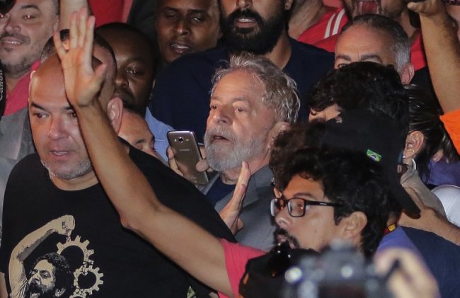 Former President Luiz Inacio Lula da Silva, leaves the metal workers union headquarters in Sao Bernardo do Campo, Brazil, Saturday, April 7. (AP)