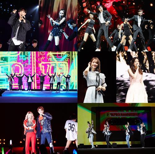This composite photo provided by SM Entertainment shows highlights from the "SM Town Live World Tour VI in Dubai" at the Autism Rocks Arena in Dubai on April 6, 2018. (Yonhap)