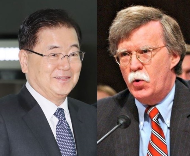 This compilation image shows South Korea's National Security Office Director Chung Eui-yong (L) and US National Security Adviser John Bolton. (AP)
