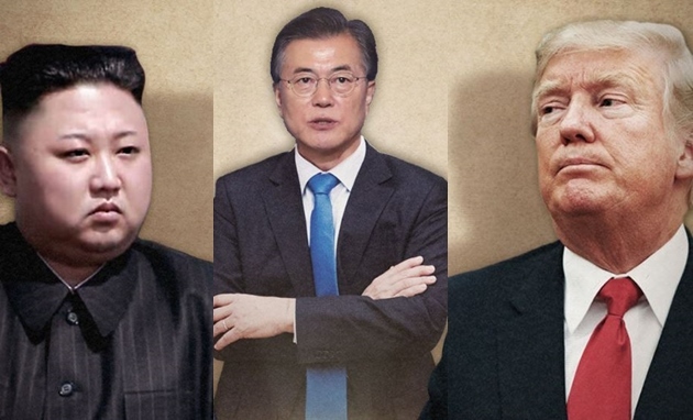 This composite image shows (from L) North Korean leader Kim Jong-un, South Korean President Moon Jae-in and US President Donald Trump. (Yonhap)