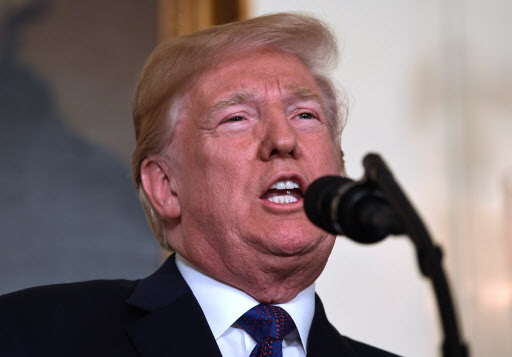 President Donald Trump speaks in the Diplomatic Reception Room of the White House on Friday, April 13, 2018, in Washington, about the United States' military response to Syria's chemical weapon attack on April 7. (AP)