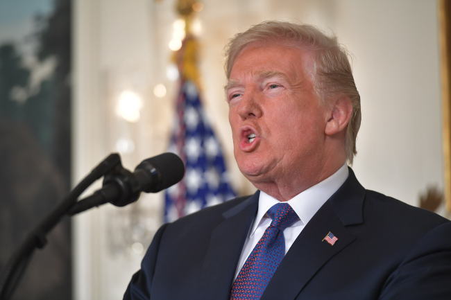 President Donald Trump addresses the nation on the situation in Syria April 13, 2018 at the White House in Washington, DC. Trump said strikes on Syria are under way. (AFP-Yonhap)
