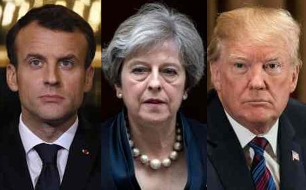 This combination of file pictures created on April 14, 2018 in Paris shows (LtoR) France`s President Emmanuel Macron giving a press conference in Paris on March 5, 2018, Britain`s Prime Minister Theresa May leaving 10 Downing Street in central London on November 1, 2017, and US President Donald Trump attending a meeting at the White House in Washington, DC, on April 12, 2018. The United States, Britain and France carried out a wave of pre-dawn strikes against Syria`s regime on April 14, 2018 in response to a suspected chemical weapons attack. (AFP-Yonhap)