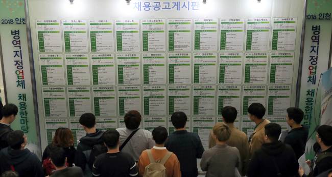 Jobseekers check out employment opportunities placed on a hiring notice board. (Yonhap)