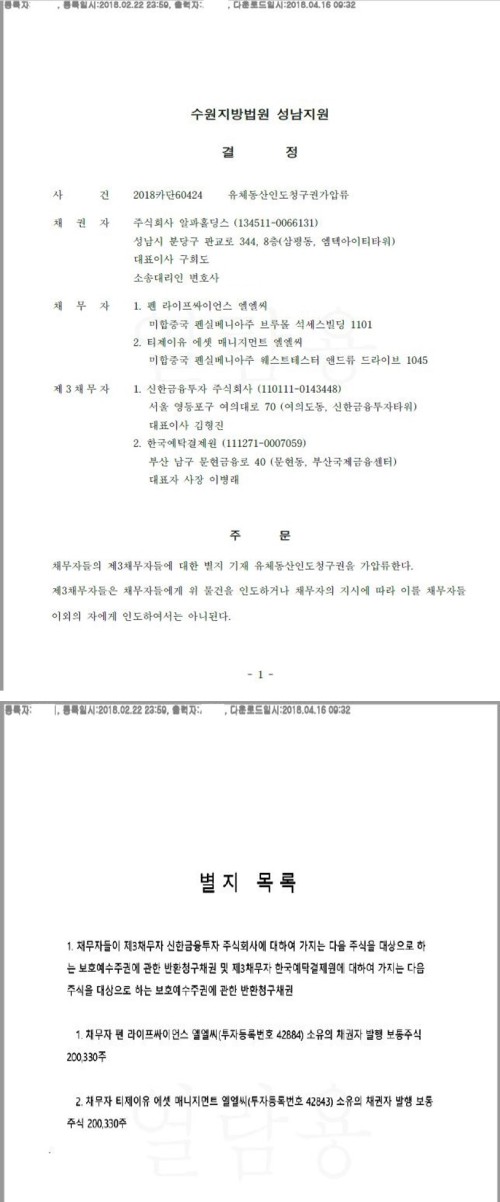 지난 2월 22일 수원지방법원 성남지원에 티제이유와 펜라이프의 알파홀딩스 주식 40만660주에 대한 가압류(20148카단60424) 완료 문건[사진=알파홀딩스 제공]