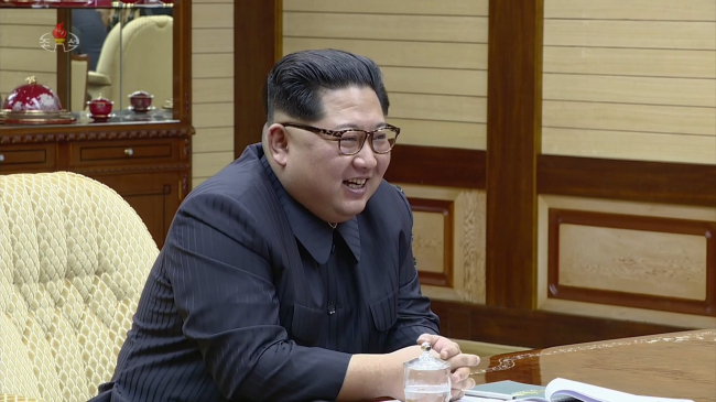 North Korean leader Kim Jong-un aired on the North's Korean Central TV Station on Wednesday. (For Use Only in the Republic of Korea. No Redistribution) (Yonhap)