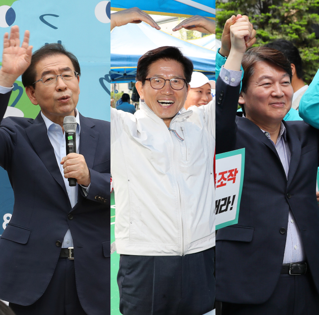 더불어민주당 박원순 후보(왼쪽부터), 자유한국당 김문수 후보, 바른미래당 안철수 후보 (사진=연합뉴스)
더불어민주당 박원순 후보(왼쪽부터), 자유한국당 김문수 후보, 바른미래당 안철수 후보 (사진=연합뉴스)