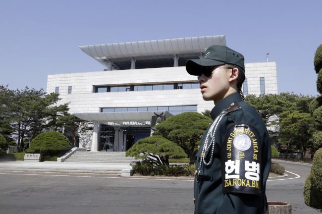 A South Korean soldier stands outside of the Peace House, the venue for the planned summit between South Korean President Moon Jae-in and North Korean leader Kim Jong Un on April 27. (AP-Yonhap)