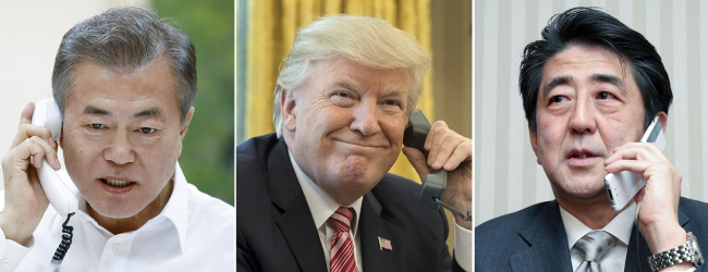 President Moon Jae-in (left), US President Donald Trump and Japanese Prime Minister Shinzo Abe. Cheong Wa Dae
