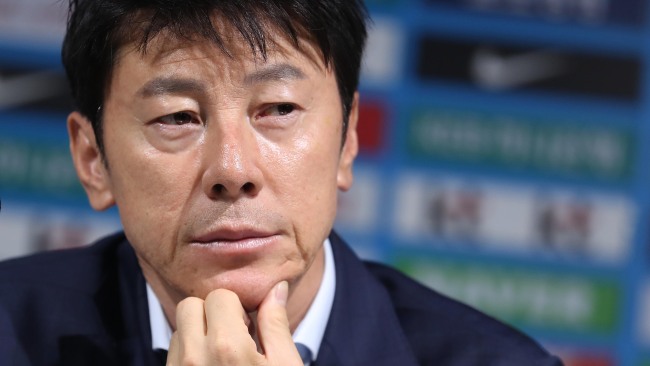 South Korean men's national football head coach Shin Tae-yong listens to a question during a press conference at the Korea Football Association headquarters in Seoul on May 2, 2018. (Yonhap)