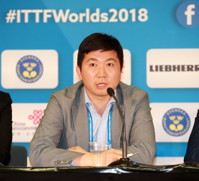 Ryu Seung-min, the 2004 Olympic men's singles table tennis champion, speaks at a press conference in Halmstad, Sweden, on May 3 (local time). (Yonhap)