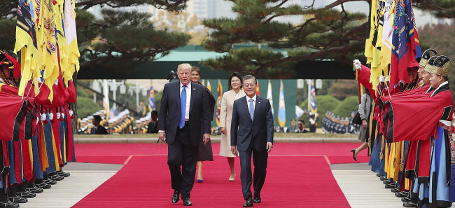 President Moon Jae-in and US President Donald Trump during their summit meeting in Seoul in November 2017. Cheong Wa Dae