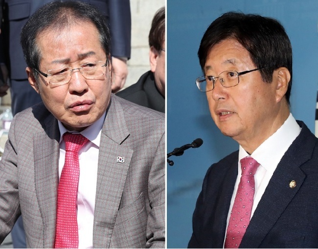 자유한국당 홍준표 대표(왼쪽)와 강길부 의원이 연 이틀째 ‘일어탁수’ 설전을 벌이며 탈당 여부와 관련 SNS 공수전을 펴고 있어 이목을 끌고 있다. [사진=연합뉴스]