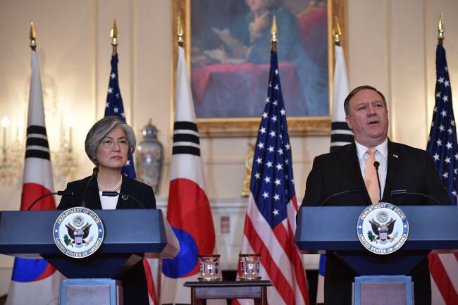 South Korean Foreign Minister Kang Kyung-hwa (left) and US Secretary of State Mike Pompeo