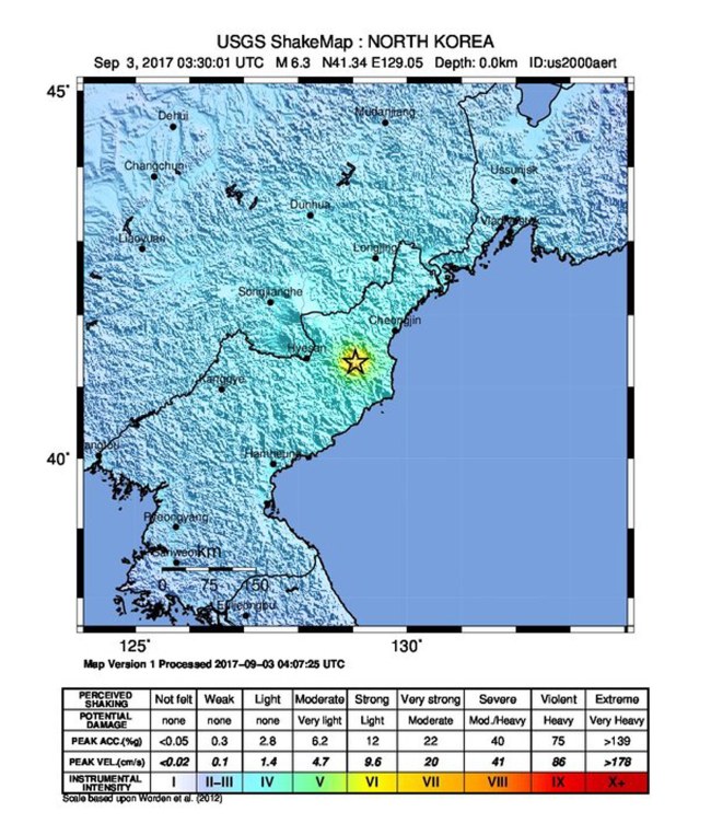 This file photo from February of 2017 shows a map marking the location of an artificial earthquake in North Korea, thought to be result of Pyongyang's nuclear test. (Yonhap)