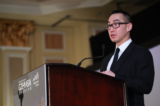 Lawrence Ho delivers a keynote speech for the Global Gaming Expo Asia at the Venetian Macau on Tuesday. (G2E Asia)