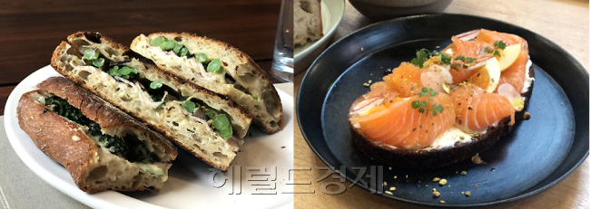 사우어도우를 이용해 만든 타르틴의 샌드위치. 이곳의 사우어도우 단면을 갈라보면, 발효가 잘 된 만큼 기공이 크다. [사진=김지윤 기자/summer@heraldcorp.com]