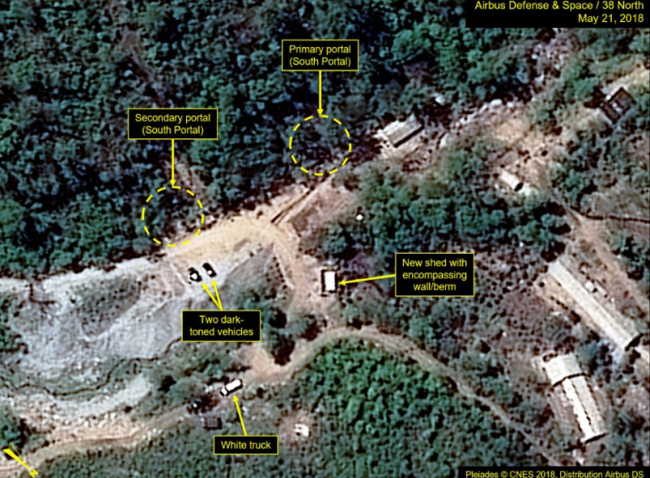 Recent commercial satellite imagery indicates additional preparations for the announced closure of North Korea’s Punggye-ri Nuclear Test Site. A small white shelter may have been erected over the West Portal tunnel entrance , according to 38 North. (Yonhap)