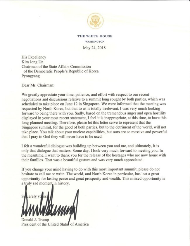 US President Donald Trump's letter to North Korean leader Kim Jong-un canceling the summit between them. (The White House)